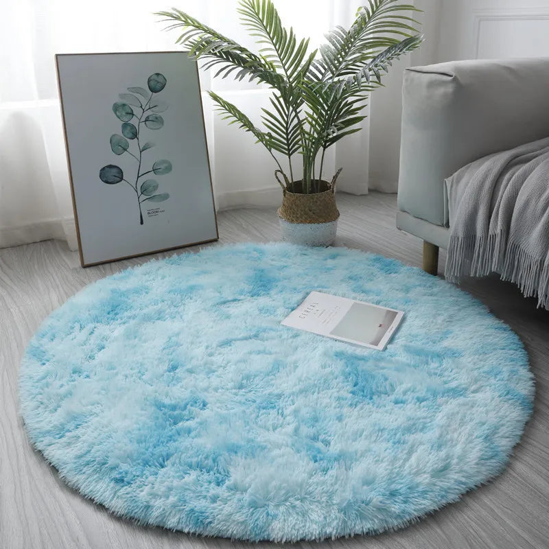 tapis rond peluche bleu doux moelleux chambre salon bébé sofa