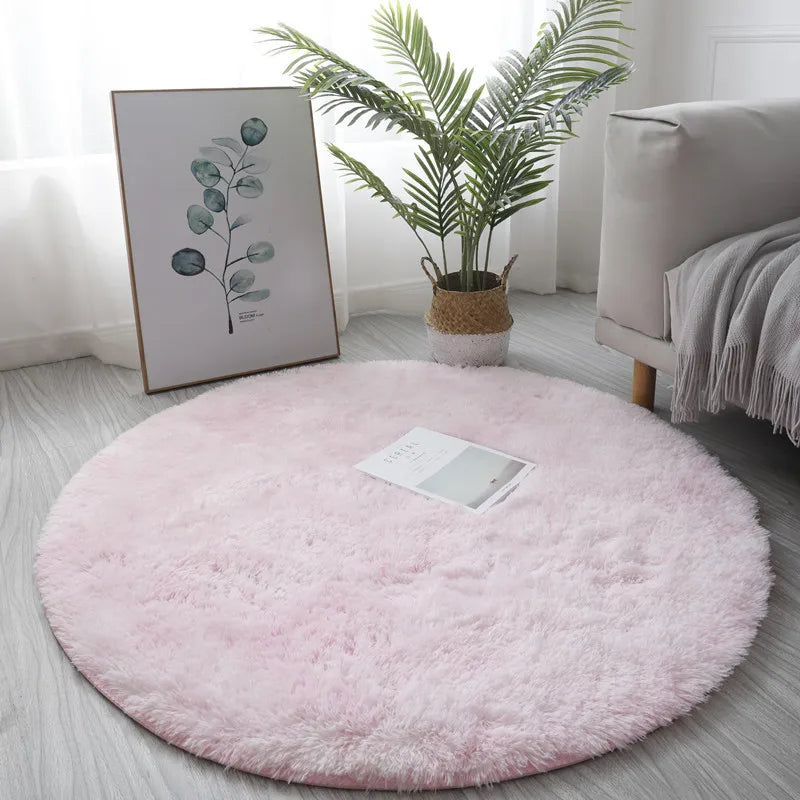 tapis rond peluche rose doux moelleux chambre salon bébé plante