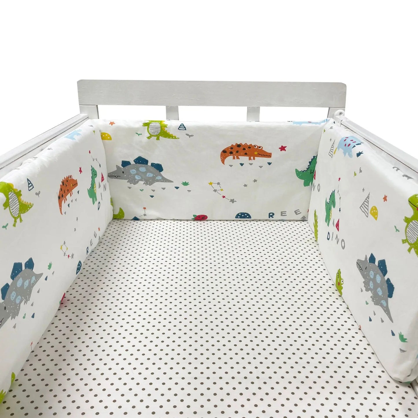 tour de lit tissu rembourré lavable dinosaures gris orange vert jaune fond blanc